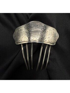 Antique Ornate Tested Silver Hair Comb With Engraved Floral Design
